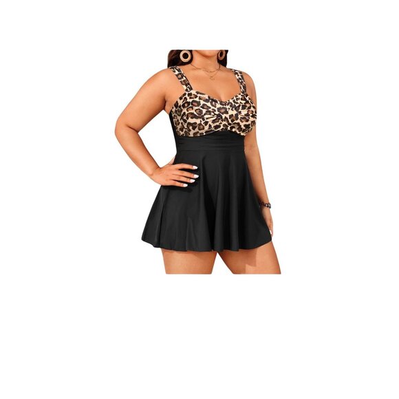 Aqua Eve Womens Plus Size 18W Leopard Print Swimsuit Dress Black  Brown NEW - Picture 1 of 9
